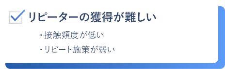 リピーターの獲得が難しい。接触頻度が低い。リピート施策が弱い。